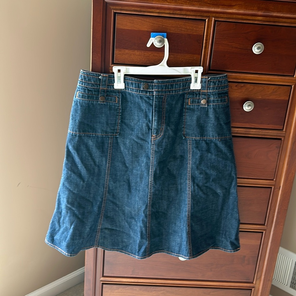 Sigrid Olsen women’s denim jean skirt, size 12, dark wash, 100% cotton,